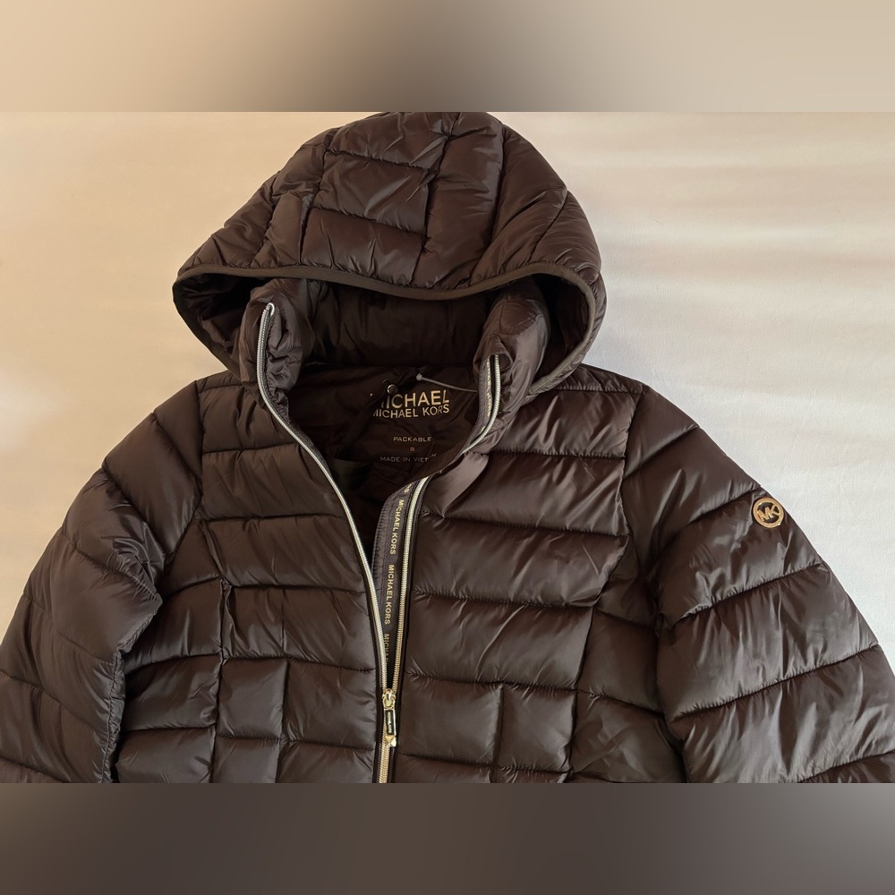 Michael Kors Chocolate Packable MK Puffer Jacket Hood Detachable Coat NWT - Picture 2 of 11